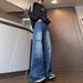 American Niche Splicing Jeans Men's Spring And Autumn New High Street Old Washed Floor Trousers Design Wide-leg Trousers_mkmklike.com