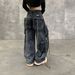 Men's & Women's Distressed Washed Denim Cargo Pants - Streetwear Straight-Leg Loose Fit Wide Trousers With Multi-Pockets_mkmklike.com