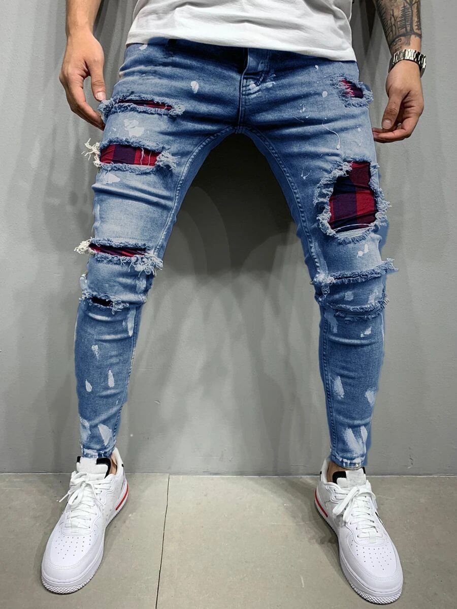 Men's Distressed Skinny Stretch Jeans Patchwork Testing Small Order Customization Denim_mkmklike.com