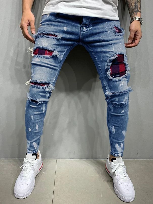 Men's Distressed Skinny Stretch Jeans Patchwork Testing Small Order Customization Denim_mkmklike.com