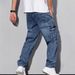 Vintage American Workwear Jeans For Men – Mid-Rise Utility Pants With Multi-Pockets (Peacock Blue/Black, S-XXL)_mkmklike.com
