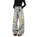 Unisex Distressed Embroidered Washed Jeans – Loose Straight Leg Denim Pants For Men & Women, Vintage Streetwear Style_mkmklike.com