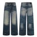 Men's Distressed Textured Wide Leg Jeans Retro Bamboo Pattern Straight Casual Trousers For Spring_mkmklike.com