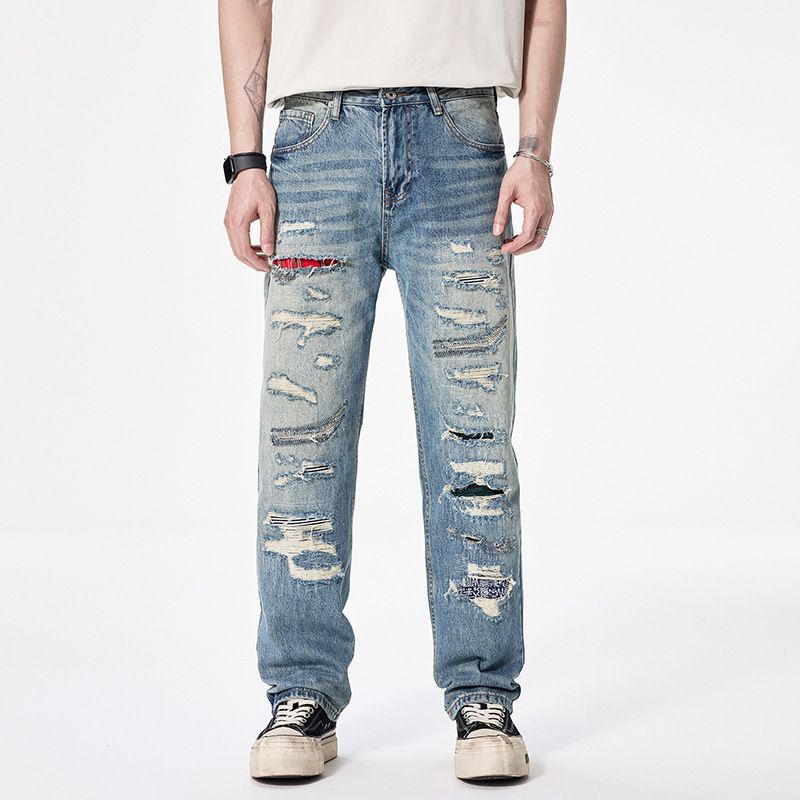 Men's Clothing Personality Multi Hole Patch Jeans Men's Loose Straight High Street Casual Pants American Cool Long Pants_mkmklike.com