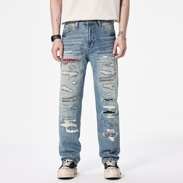 Men's Clothing Personality Multi Hole Patch Jeans Men's Loose Straight High Street Casual Pants American Cool Long Pants_mkmklike.com