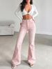 Women's High-Waisted Pink Washed Flared Jeans Double Button Retro Distressed Trousers European American Style_mkmklike.com
