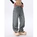 Men's & Women's High Street Jacquard Print Loose Fit Straight Leg Washed Denim Jeans - Black, Retro Blue, Coral Pink & More_mkmklike.com