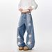 Men's Clothing Distressed Paint Graffiti Five Pointed Star Jeans Distressed Graffiti Star Denim Jeans - Summer Loose Straight Leg Casual Wide Pants_mkmklike.com