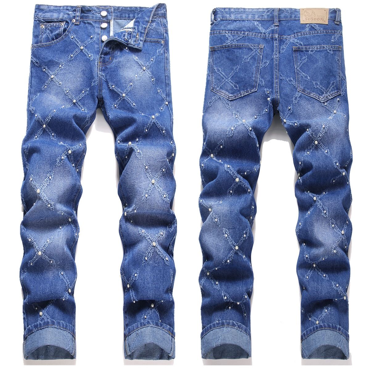 In Stock Foreign Trade High Slim Fit Youth Men's Personality Pearl Embroidery Street Fashion Denim Skinny Pants_mkmklike.com