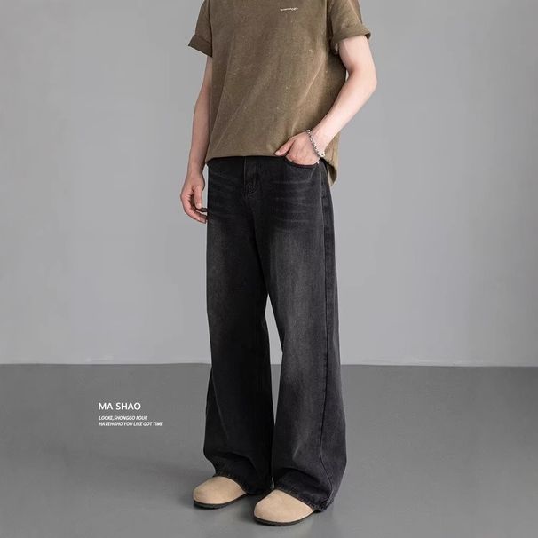 Men's Retro American Vintage Straight Leg Jeans - Relaxed Fit, Elastic Waist, Clean Aesthetic (Light Blue, Dark Blue, Black)_mkmklike.com
