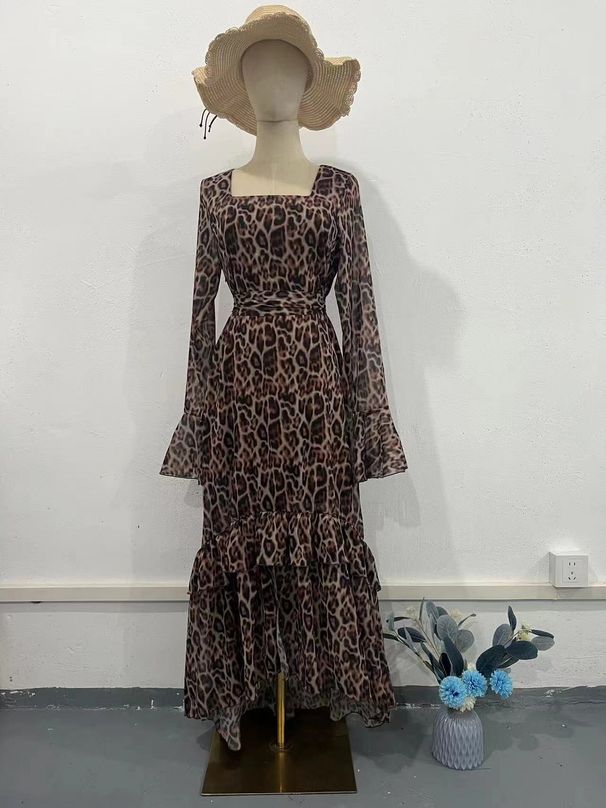 Women's Clothing spring new chiffon leopard print lotus leaf sleeve temperament long splicing irregular dress_mkmklike.com