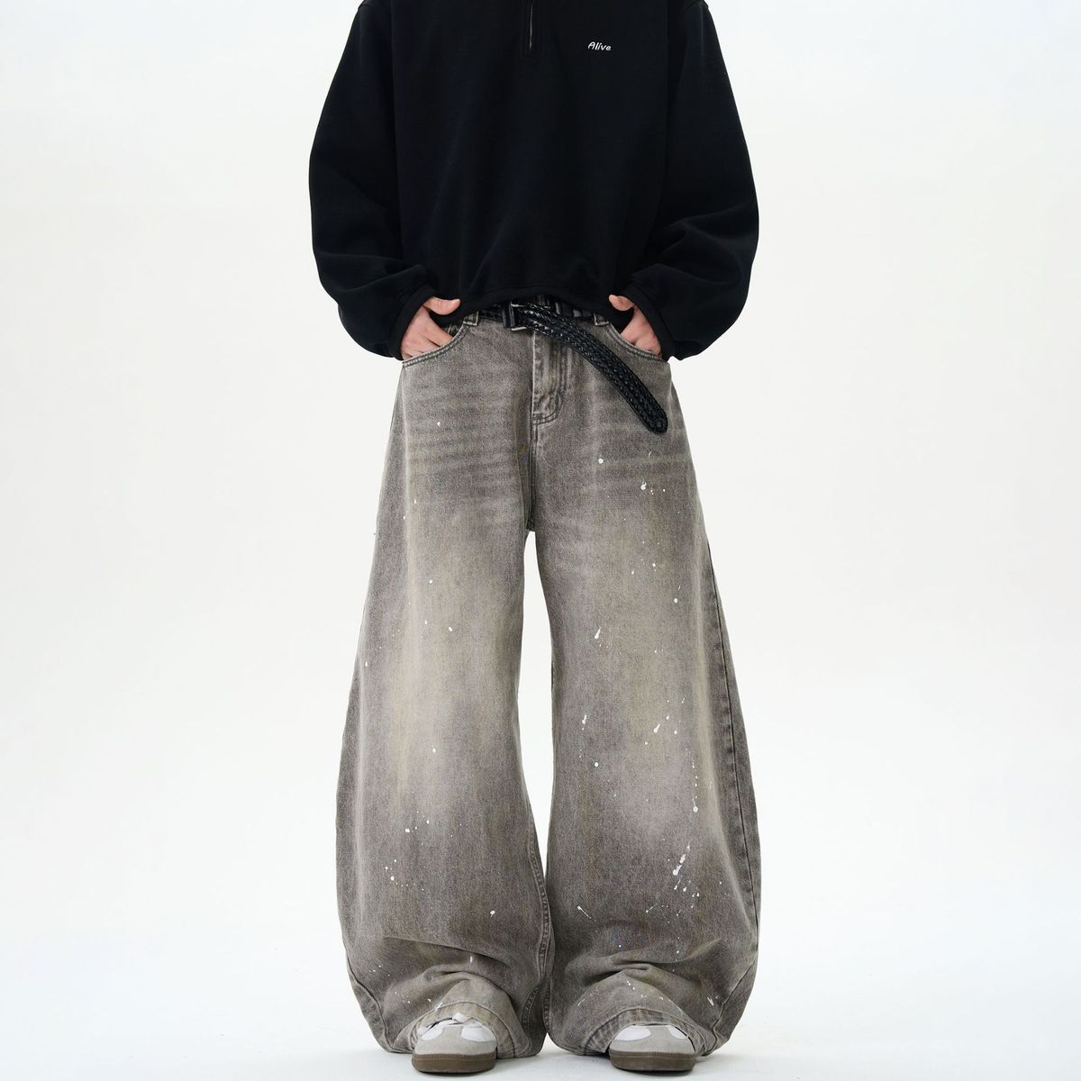 Men's Clothing Men's Grey Splatter Painted Straight Leg Jeans Loose Fit Washed Retro High Street Style Trendy And Cool_mkmklike.com
