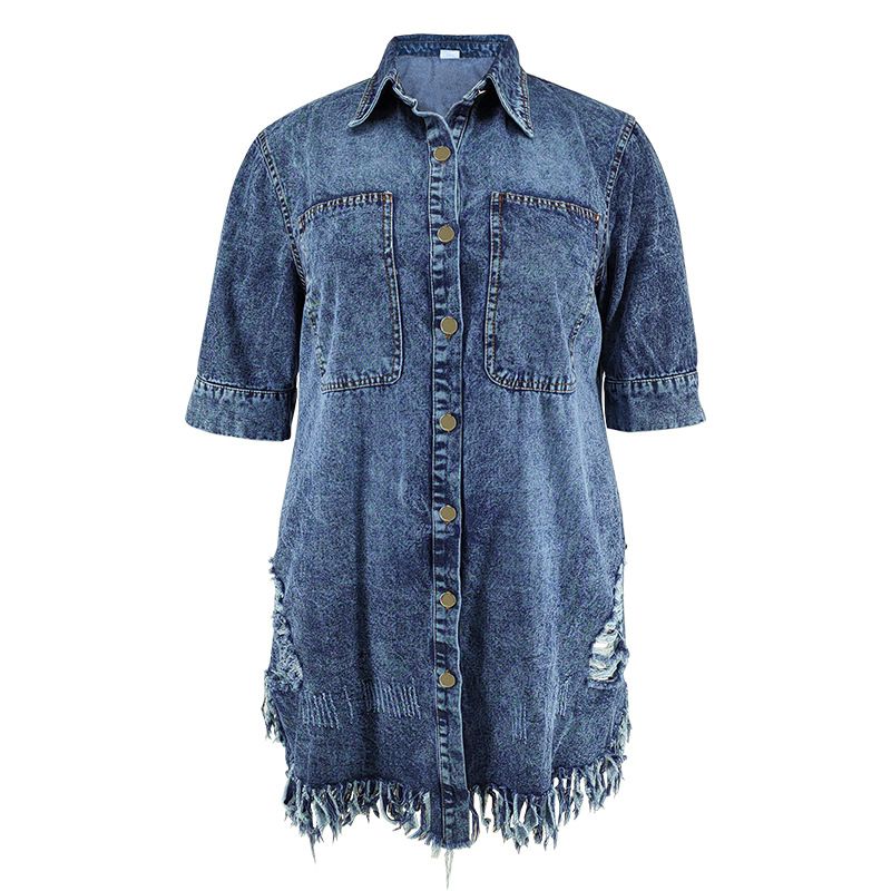 Plus-size Women's New Denim Ripped Fringed Short-sleeved Collar Dress_mkmklike.com