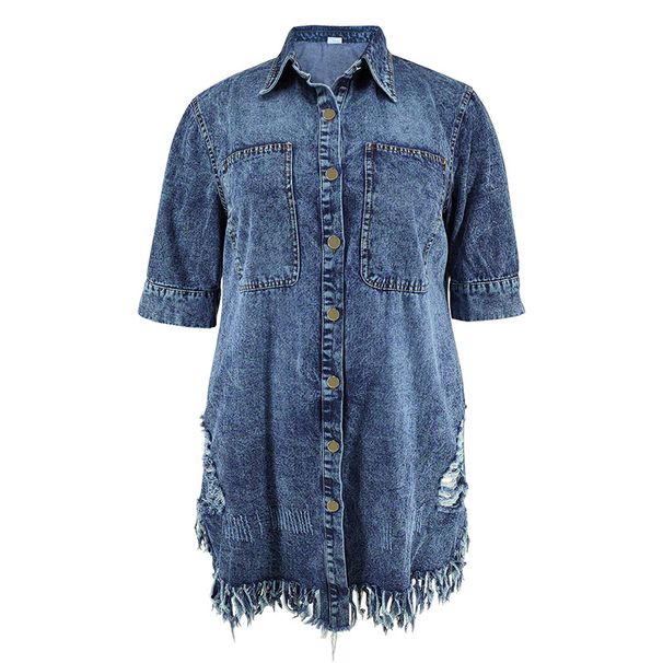Plus-size Women's New Denim Ripped Fringed Short-sleeved Collar Dress_mkmklike.com
