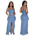 Women's Clothing New Fashion Sexy Zipper Suspender Top Slit Long Skirt Pocket Workwear Denim Suit_mkmklike.com