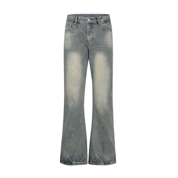 High Street Punk Heavy Washed Denim Flared Pants Men's Hippie Vibes Trendy Handmade Distressed Wide-Leg Trousers_mkmklike.com