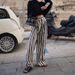Women's black and white striped wide-leg casual slim high-waisted loose drape floor-length trousers_mkmklike.com