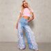 European And American Cross-border High-waisted Bow Patchwork Floor-length Wide-leg Jeans, Street-style Distressed Loose_mkmklike.com