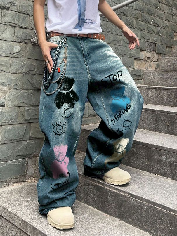 Men's Clothing Design Printed Jeans Men'sTrendy Brand New Wide Leg Straight Leg Mopping Pants_mkmklike.com