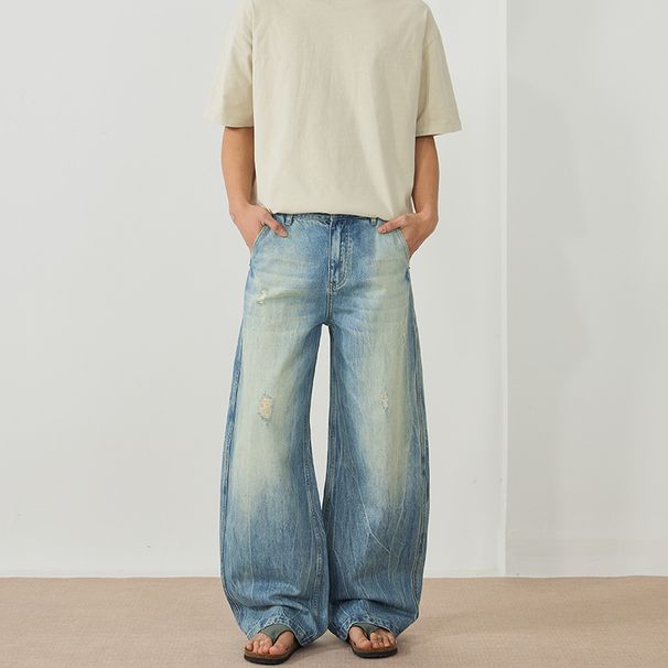 LKTM Men's Wear # New Washed Lightning Pattern Broken Hole Jeans For Men And Women Trendy Baggy Wide Leg Curved Knife C8f_mkmklike.com