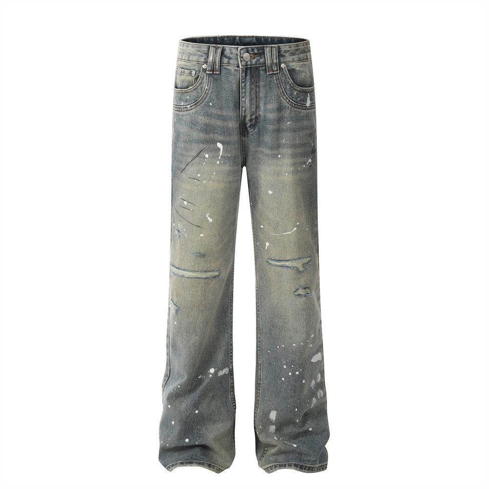 Painted Distressed Jeans Men's High Street Trend Hip Hop Ins Washed Vintage Casual Loose Straight Long Pants_mkmklike.com
