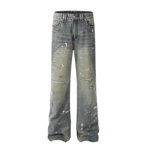 Painted Distressed Jeans Men's High Street Trend Hip Hop Ins Washed Vintage Casual Loose Straight Long Pants_mkmklike.com