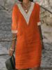 Women's solid color V-neck mid-sleeve cotton and linen casual dress_mkmklike.com