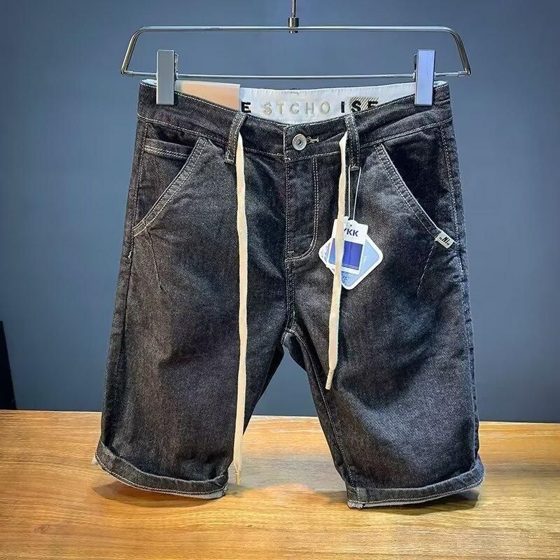 Men's Slim Fit Denim Shorts Summer Elastic Waist Straight Leg Five Point Length Drawstring mid Length Thin Jeans Shorts_mkmklike.com