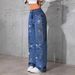 Women's Clothing Vintage Blue Distressed Jeans For Women - High Waist Straight Leg Denim Pants With Rhinestone Butterfly Embroidery_mkmklike.com