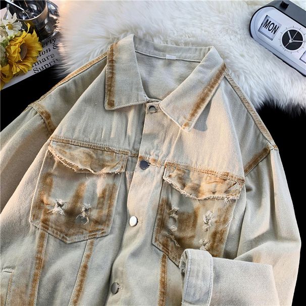 Broken Hole Fire Denim Jacket For Men's Spring New Item, Niche Design Sense, American Jacket, Trendy Brand, Loose Top_mkmklike.com
