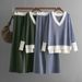 Women's Clothing autumn and winter new V neck contrast color knit sweater loose wide leg pants two piece suit_mkmklike.com
