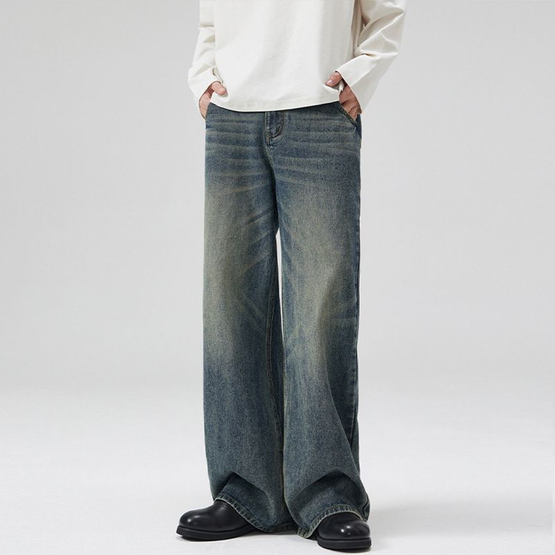 Men's Washed Whiskered Semi Elastic Waist A-Line Jeans American Style Loose Wide Leg Trousers Unisex Relaxed Fit_mkmklike.com