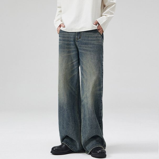 Men's Washed Whiskered Semi Elastic Waist A-Line Jeans American Style Loose Wide Leg Trousers Unisex Relaxed Fit_mkmklike.com