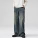 Men's Washed Whiskered Semi Elastic Waist A-Line Jeans American Style Loose Wide Leg Trousers Unisex Relaxed Fit_mkmklike.com