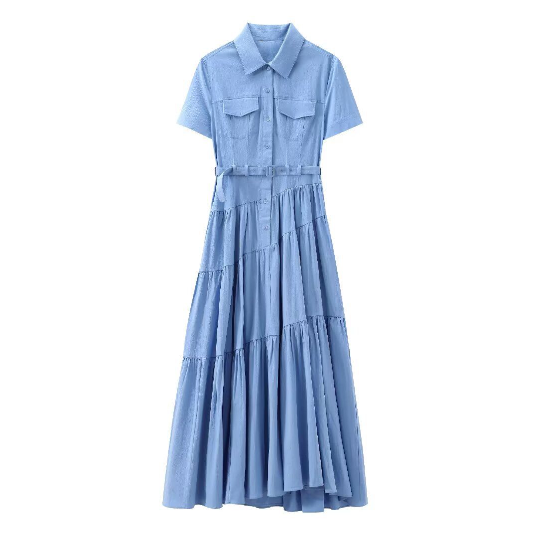 Women's Clothing Spring And Summer Women's Casual Belted Shirt Dress_mkmklike.com