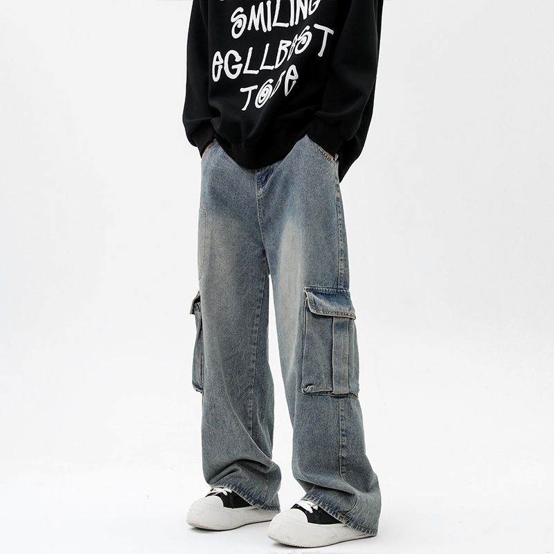 Men's Retro Blue Cargo Jeans High Street Style Loose Wide Leg Straight Leg Pants Multiple Pockets Casual Long Trousers Autumn Winter_mkmklike.com