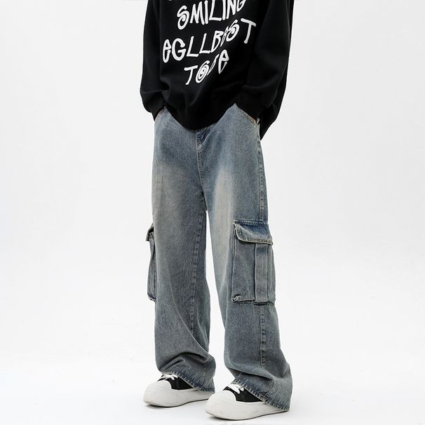 Men's Retro Blue Cargo Jeans High Street Style Loose Wide Leg Straight Leg Pants Multiple Pockets Casual Long Trousers Autumn Winter_mkmklike.com