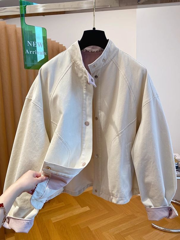 Korean High-end Stand-up Collar Denim Jacket, Autumn/winter 2025 New Loose Casual Short Top A3196_mkmklike.com