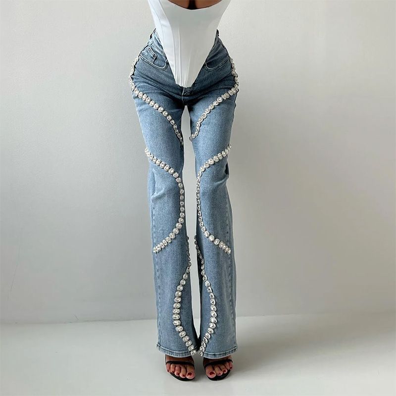 Women's Clothing Jeans Spring Ring Rhinestone Splicing Design Straight Trousers_mkmklike.com