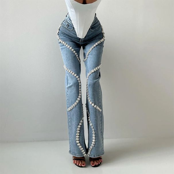 Women's Clothing Jeans Spring Ring Rhinestone Splicing Design Straight Trousers_mkmklike.com