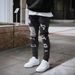 Men's Stacked Jeans Skinny Fit Stretch Patched Side Striped Straight Leg Denim Pants Foam_mkmklike.com