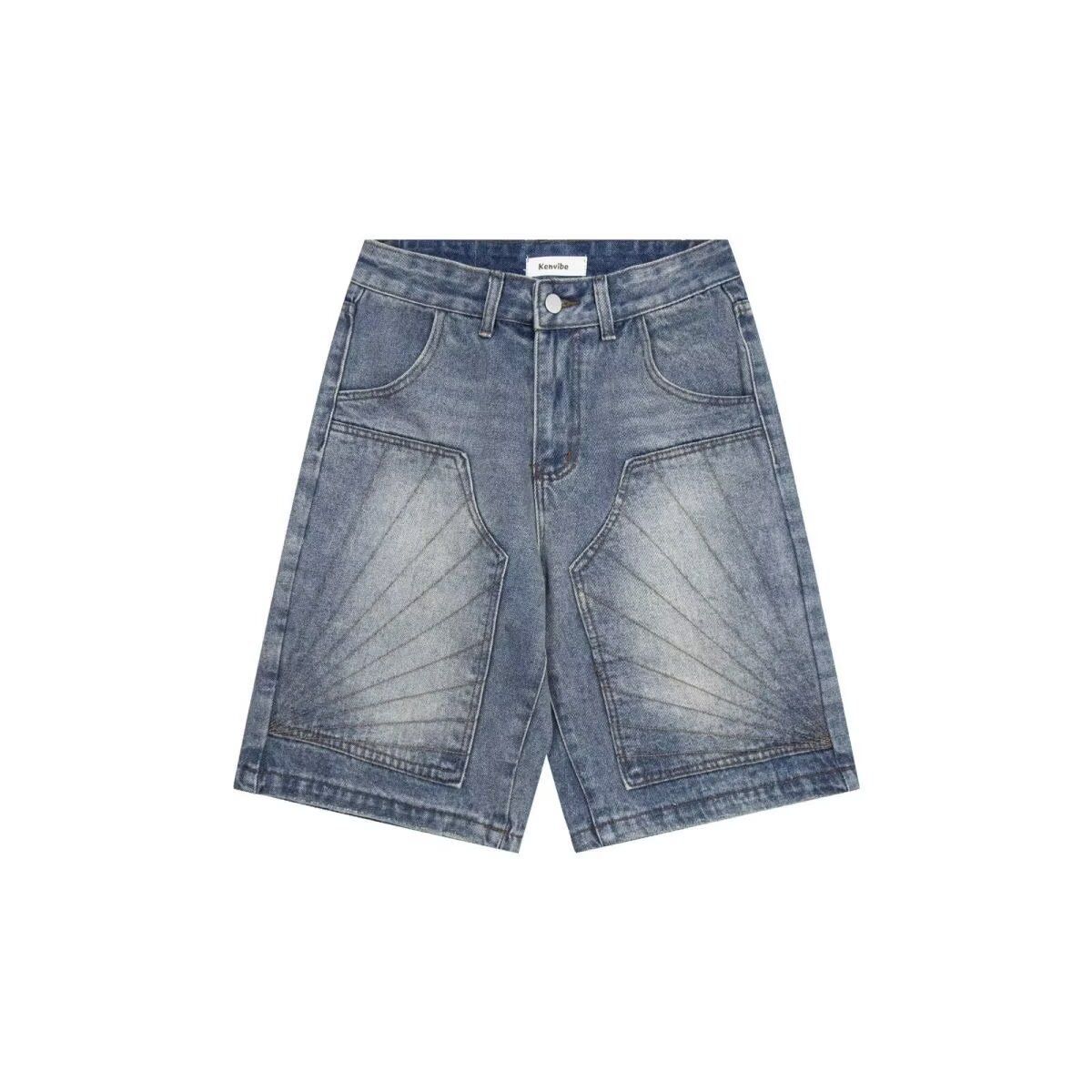 Washed Distressed Patchwork Denim Shorts Loose Fit Straight Leg Low Waist Blue Summer Fashion_mkmklike.com