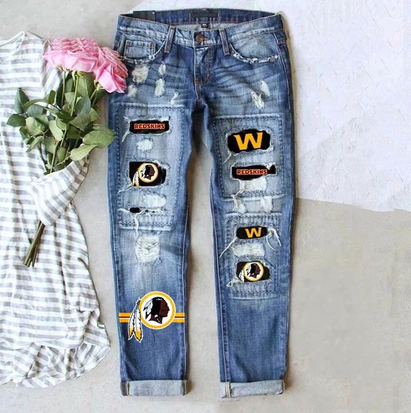 Women's Clothing Fans Fashion New Hole Print Mid Waist Straight Women's Jeans_mkmklike.com