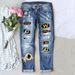Women's Clothing Fans Fashion New Hole Print Mid Waist Straight Women's Jeans_mkmklike.com