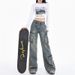 ELLE American Retro High Street Multi-Pocket Cargo Jeans For Women 2025 Autumn Winter New Frayed Design Versatile Long Pants_mkmklike.com