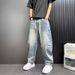 Men's Light Blue Straight Leg Loose Fit Jeans High Street Style Fashion Retro Elastic Waistband Trendy Versatile_mkmklike.com