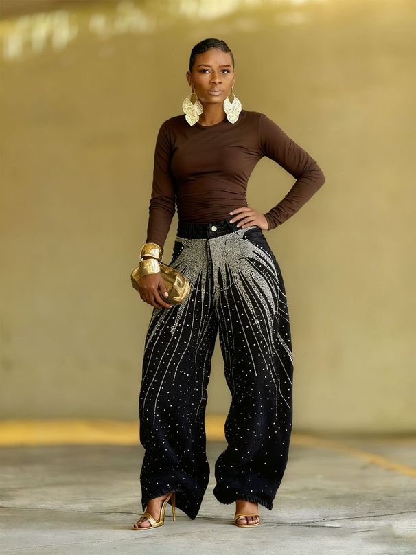 Women's Curved Straight Leg Jeans Rhinestone Scattered Starry Sky Design New 2026 Style Independent Store_mkmklike.com