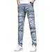 Men's Distressed Slim Fit Stretch Jeans - Light Blue Ripped Denim Pants With Raw Hem (30-40, Cotton Blend, Streetwear Style)_mkmklike.com