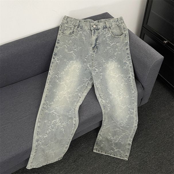 Men's Clothing Retro Washed Thorn Jacquard Jeans Men's American High Street Vibe Straight Loose Wide Leg Flared Casual Pants_mkmklike.com