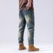 Spring And Summer American Yellow Mud Jeans Men's Heavy And Old Retro Washing Jeans Men's 3D Embossed Fat Jeans_mkmklike.com